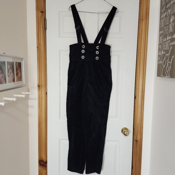 Anthropologie Women's Buttoned Pinafore Corduroy Jumpsuit Black straight leg S 4 - Picture 4 of 17
